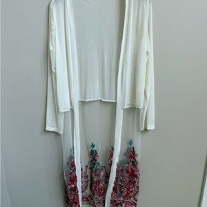 White Sheer Long coverup with Floral Embroidery